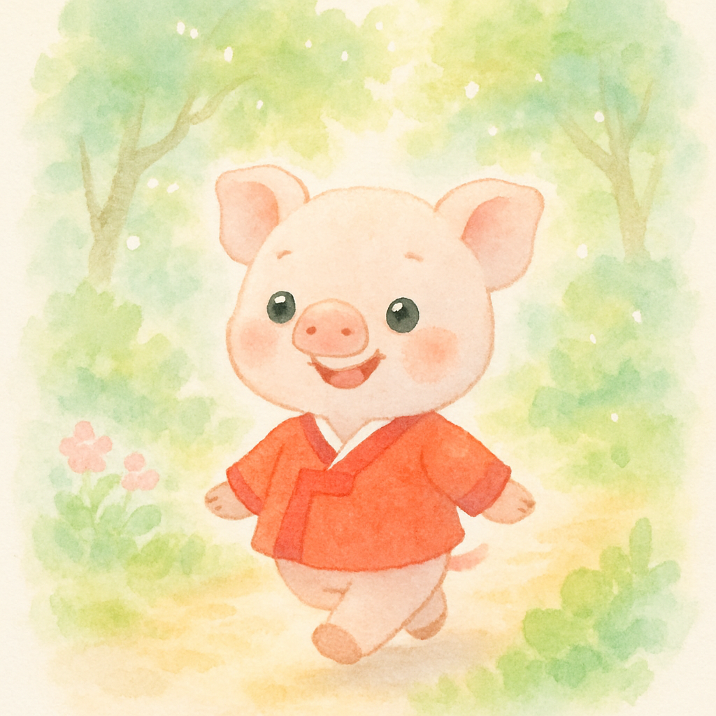 빨간 저고리를 입은 아기 돼지가 햇살 가득한 숲길을 걷는 장면